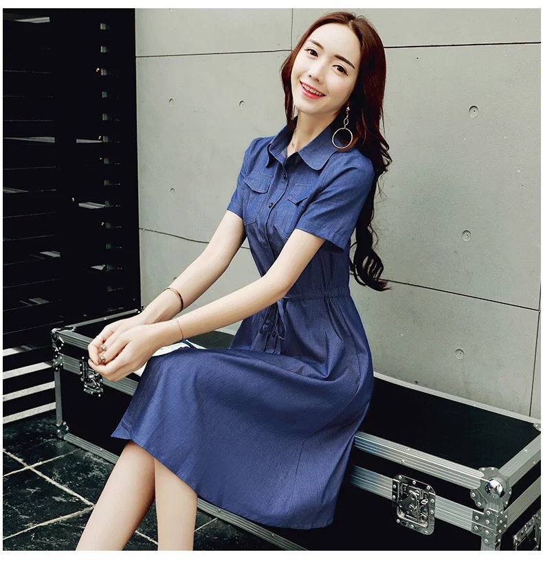ĐẦM JEAN XÒE CỔ SƠ MI THẮT NƠ EO